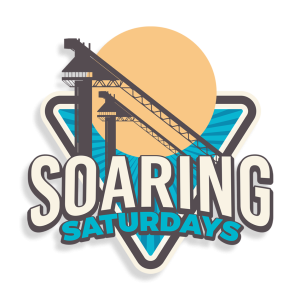 Soaring Saturdays logo with a sun, ski jump and blue triangle in the back. 