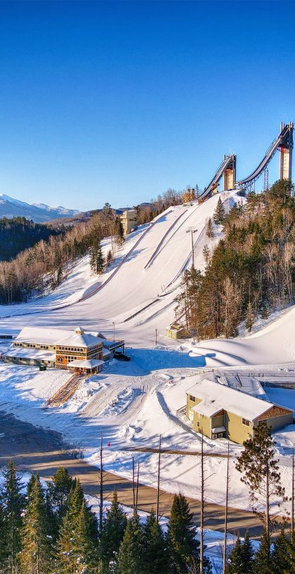 aerial view of the Olympic Jumping Complex in winter.